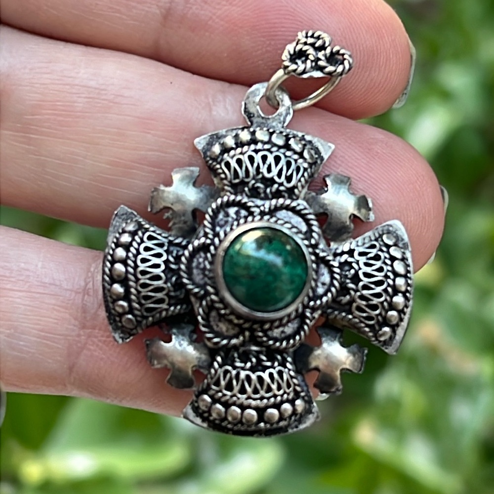 COPY - Vintage Malachite Silver Jerusalem Cross Pendant
